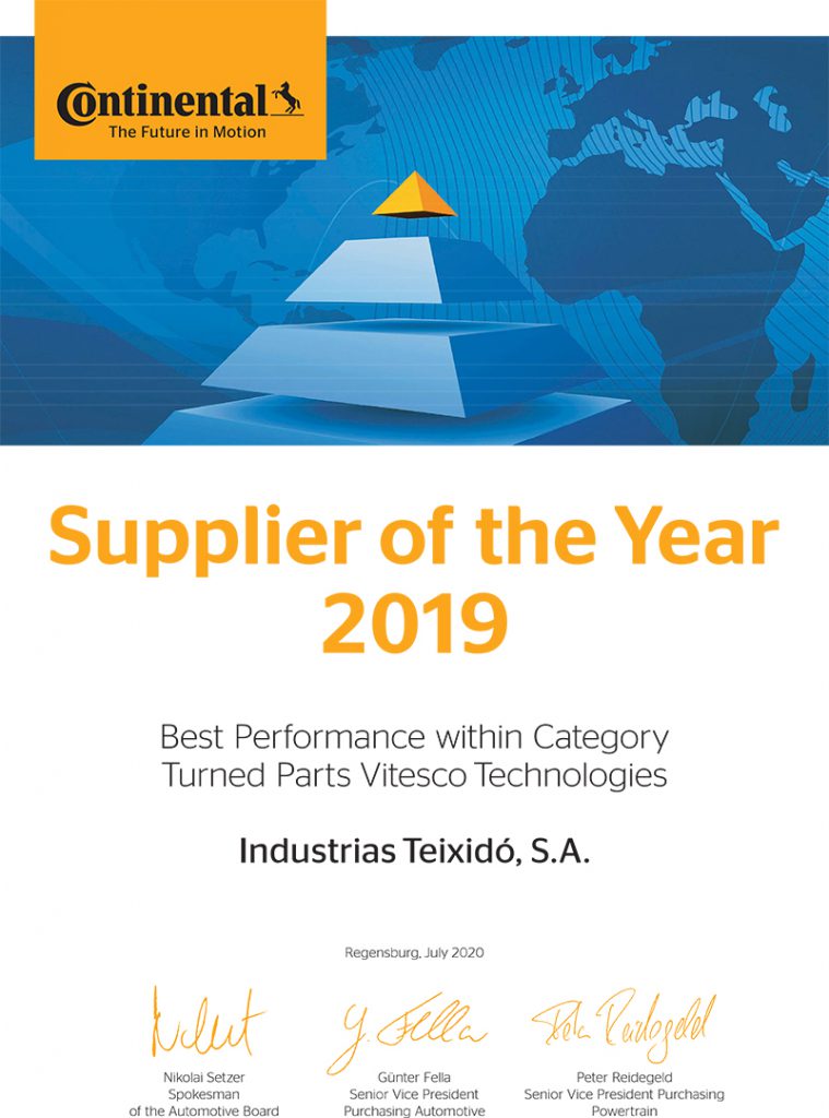 Industrias Teixidó Supplier of the Year 2019 by Continental